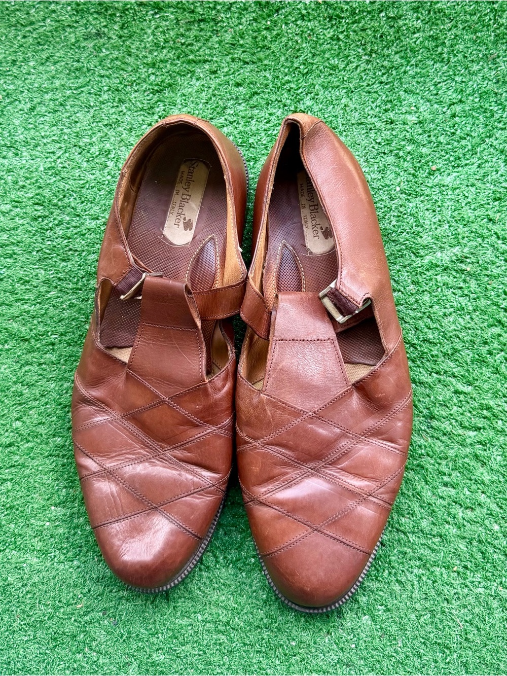 Quality Stanley Blacker Made in Italy Tan Leather T-Strap Loafers Men's US 12M